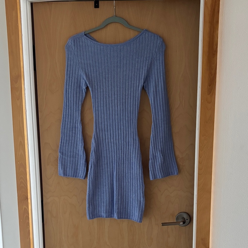 Ribbed Long Sleeve Knit Dress in Dusty Blue